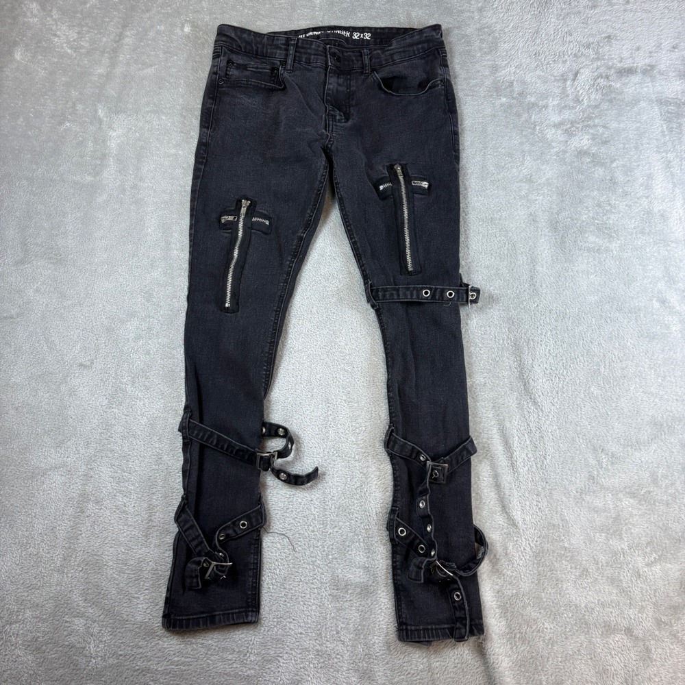 HT Denim Jeans Men 32x32 (Fit 30x28) Stinger Skinny Punk Goth Buckle Strap Black